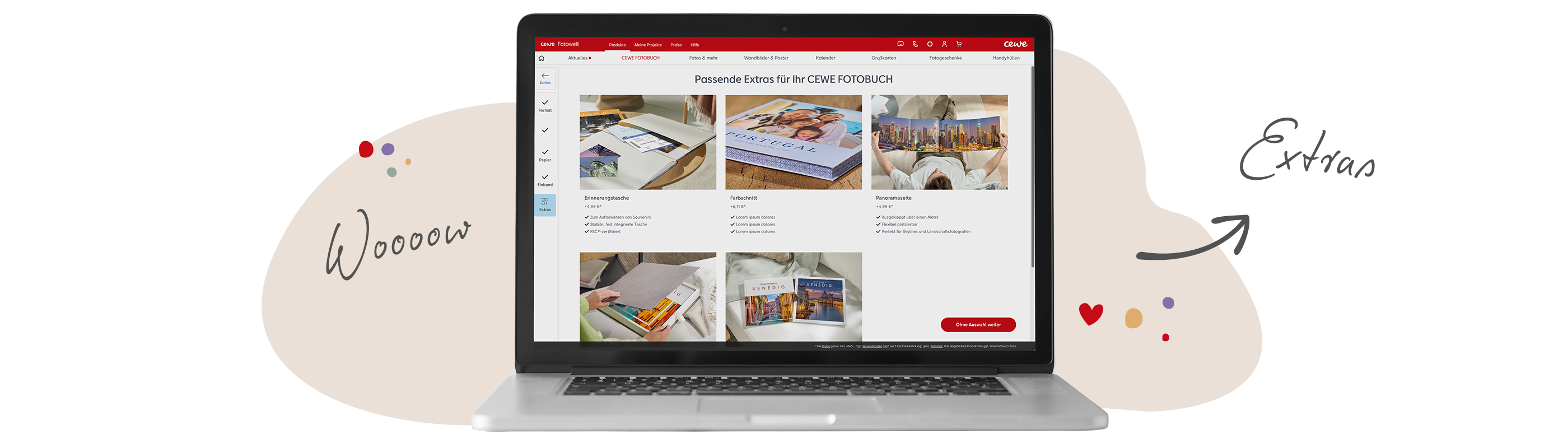 Laptop mit der Extras-Seite in der Bestellsoftware, umgeben von Illustrationen und den Worten "Wooow" und "Extras"