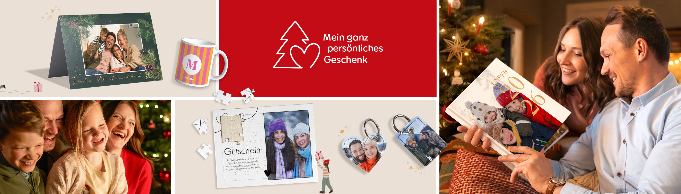 Collage mit einer weihnachtlichen Grußkarte, einer Fototasse, einem Gutscheinpuzzle und zwei personalisierten Schlüsselanhängern. Ein Bild e