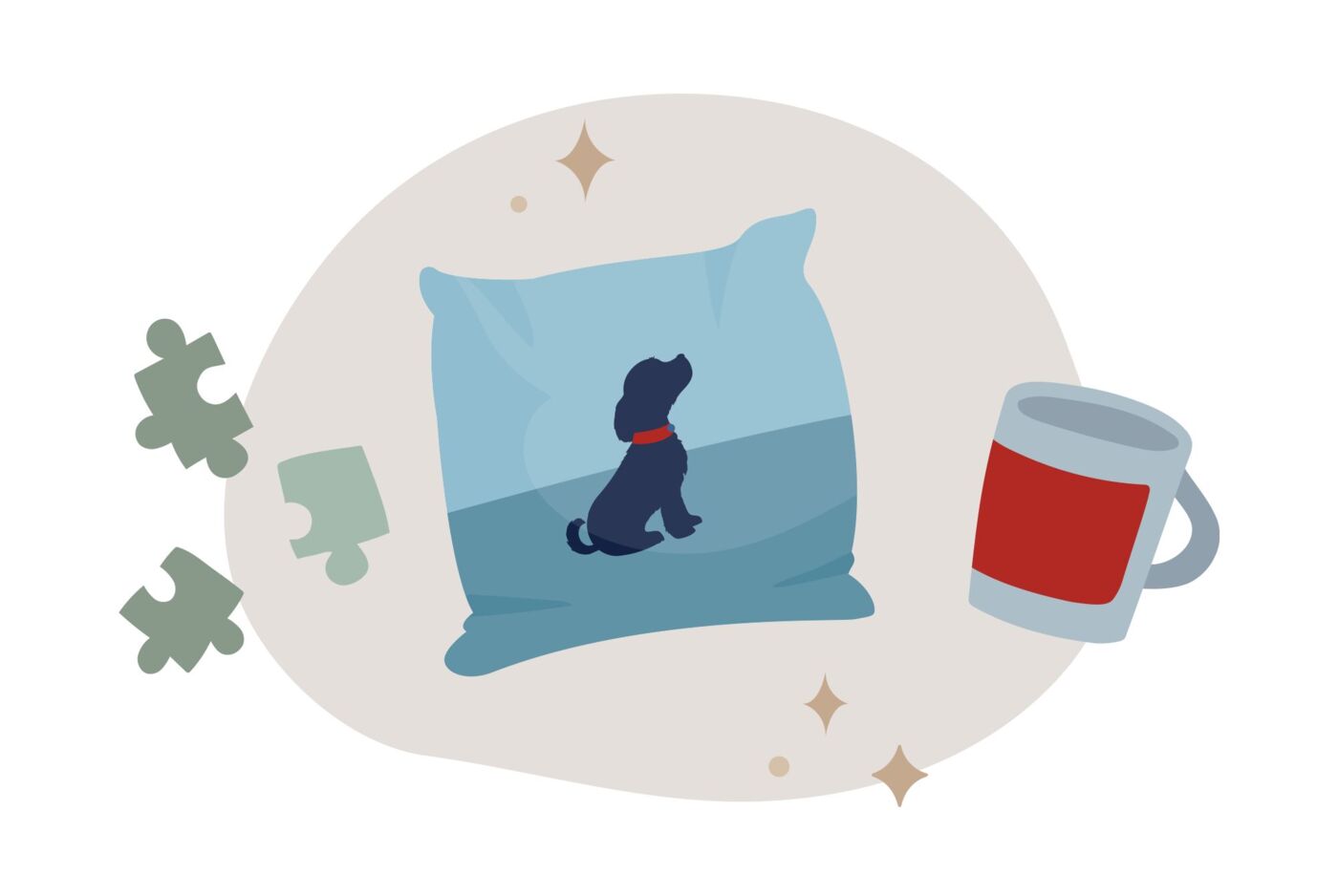 Illustration eines Kissens mit Hundemotiv neben einer roten Tasse und grünen Puzzleteilen, umgeben von goldenen Sternen.