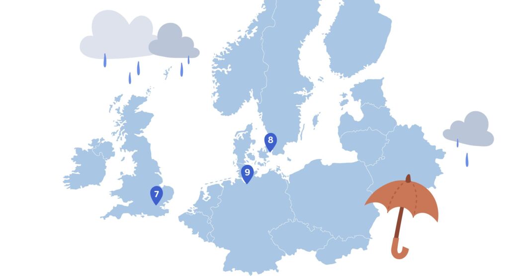 Europakarte mit Stecknadeln an den Orten London, Kopenhagen und Hamburg.