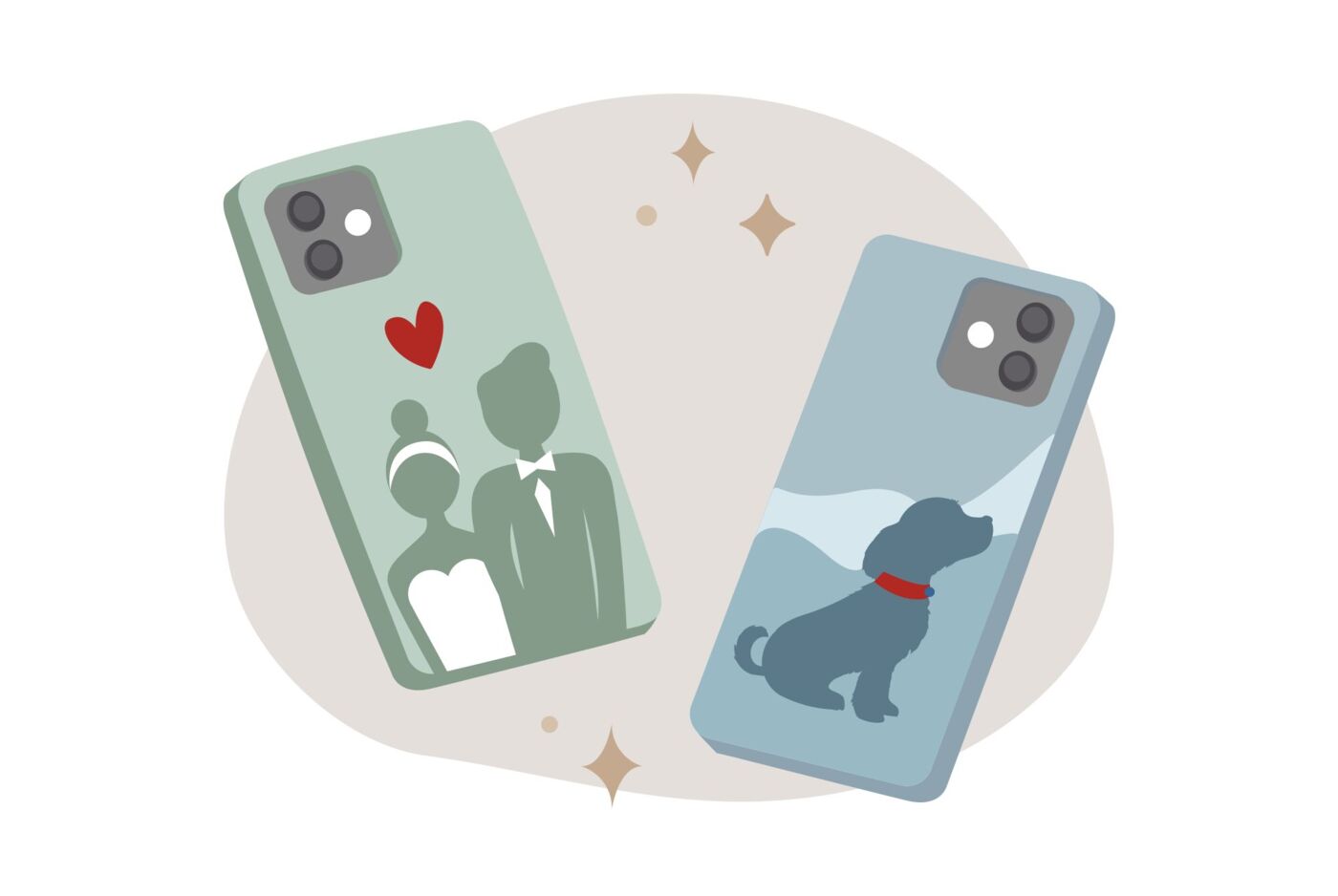 Illustration von zwei Handyhüllen mit Hochzeitsmotiv und Hundemotiv, umgeben von goldenen Sternen.
