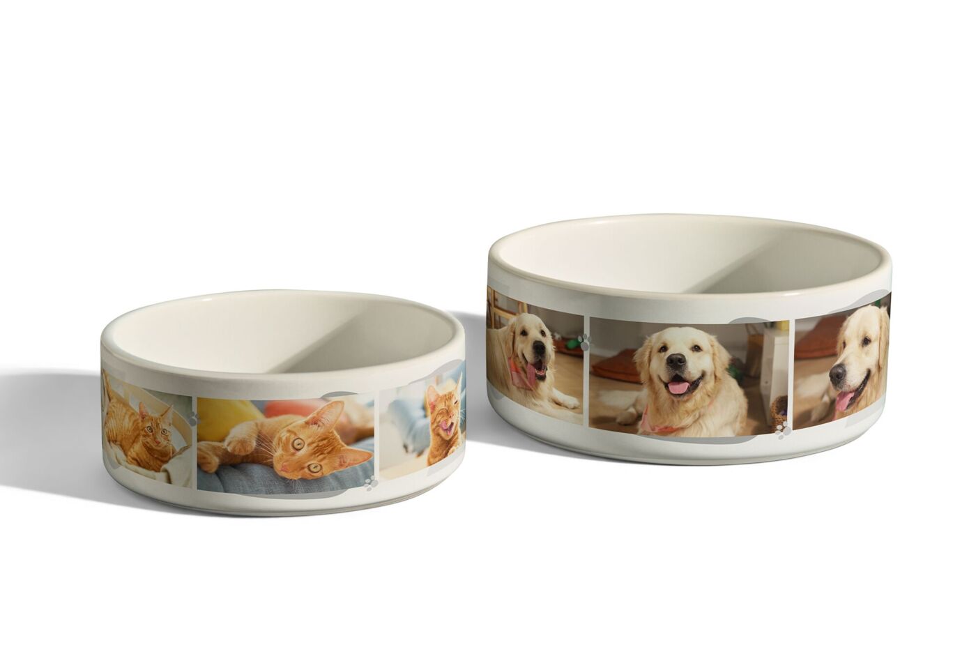 Zwei personalisierte Futterschalen mit Fotos einer orangfarbenen Katze und eines Golden Retrivers.
