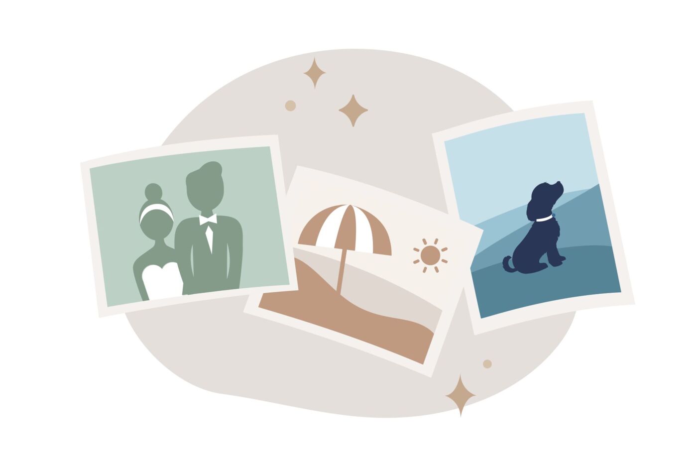 Illustration von drei Fotos mit Familien-, Strand- und Hundemotiv, umgeben von goldenen Sternen.