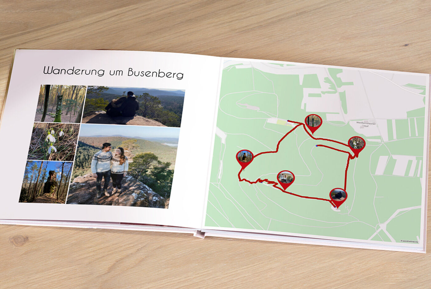"CEWE FOTOBUCH mit Wanderfotos und roter Route auf einer Karte zum Busenberg.        "
