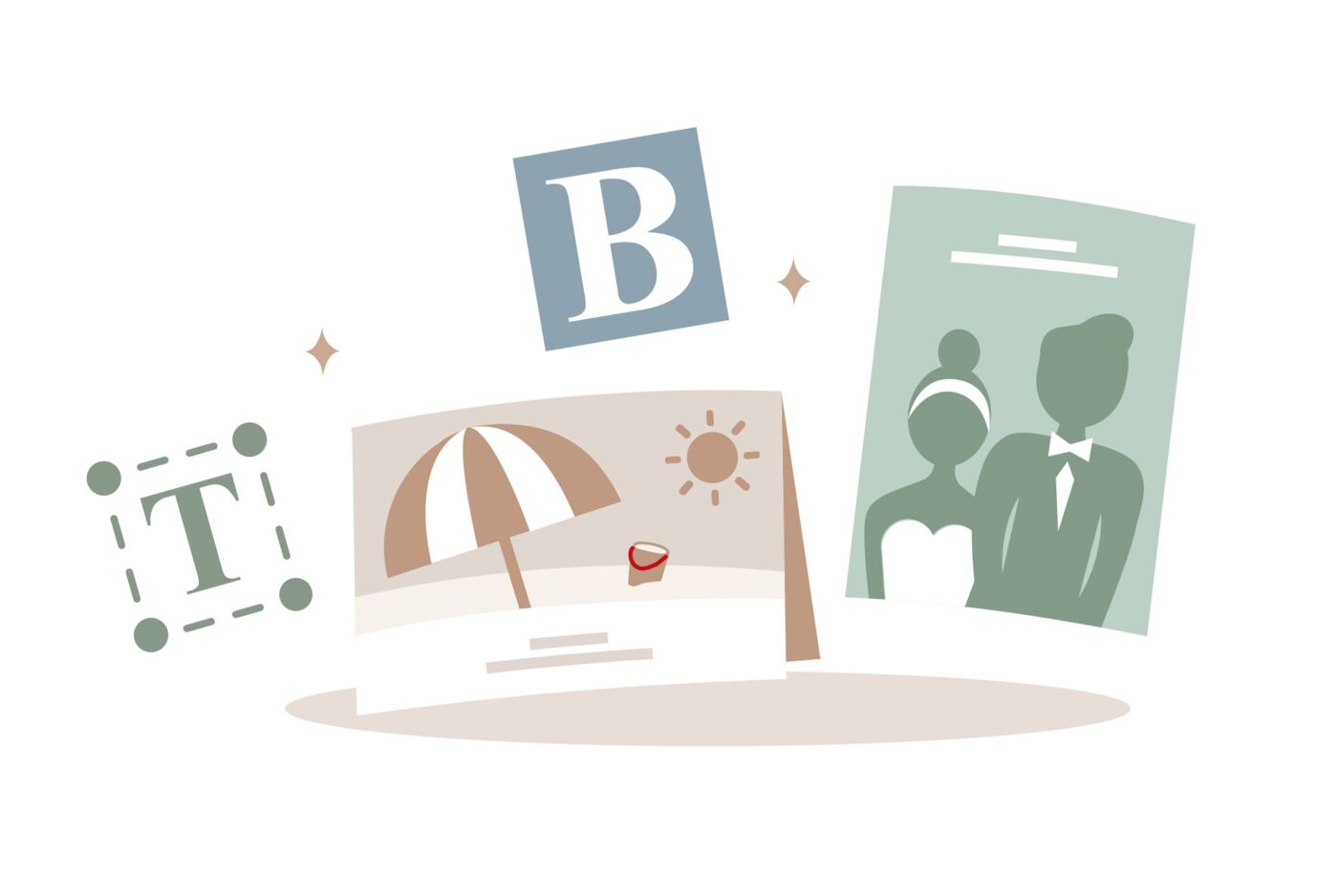 Illustration mit Buchstaben und Grußkarten mit Strandmotiv und Hochzeitspaar.